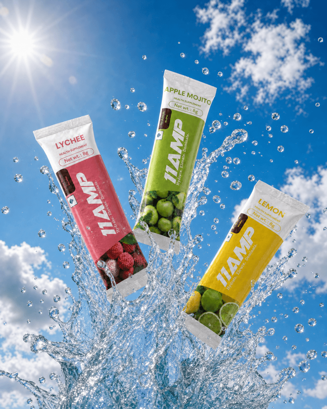11AMP Lychee, Apple Mojito and Lemon sachets splashing through water under a blue sky