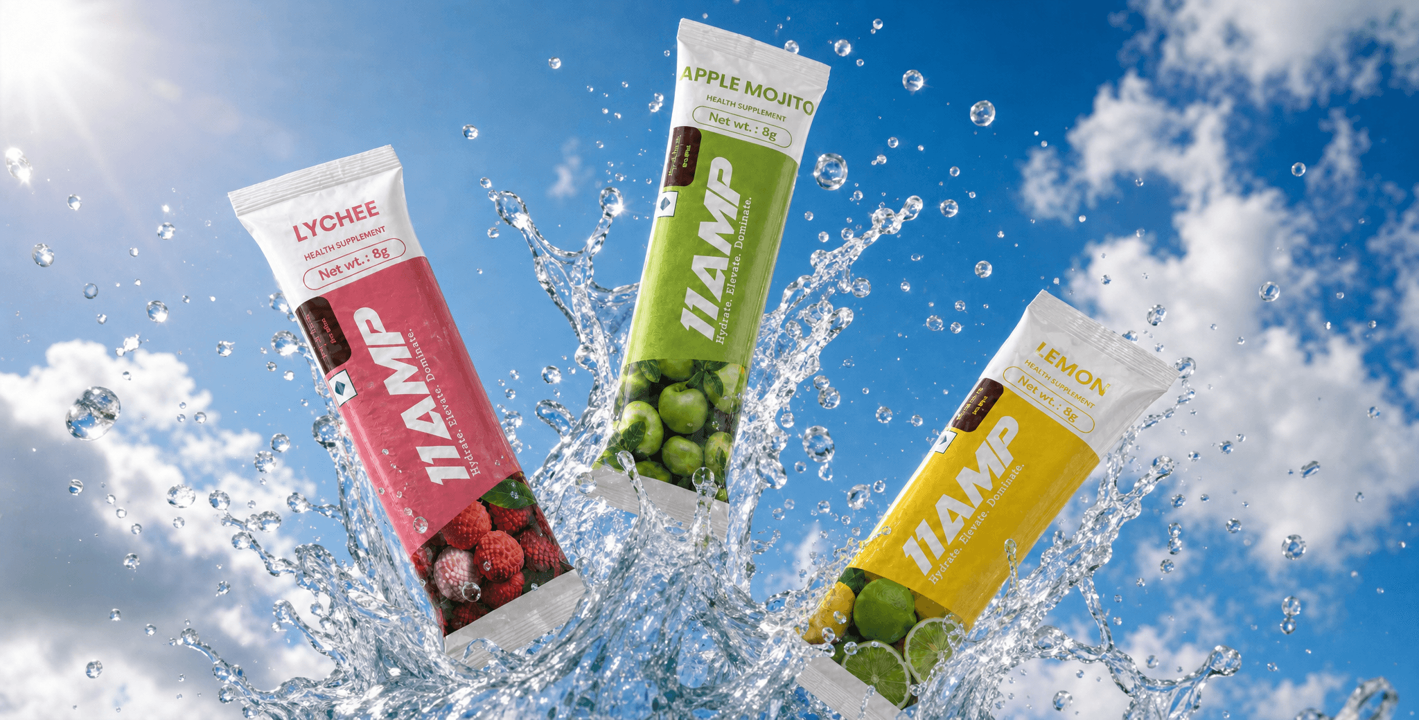 11AMP sachets splashing through water